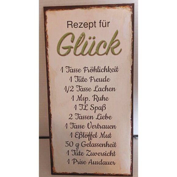 German "Rezept fur Gluck" Wood Sign Recipe for Happiness Funny Wall Hanging - Picture 1 of 6